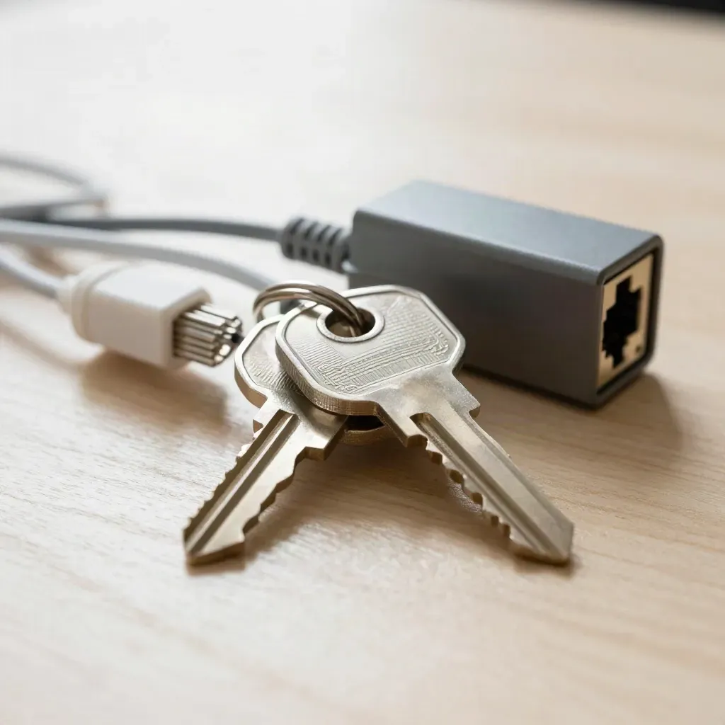 Clé de meuble, base de téléphone, organiseur de câbles et boîtier réseau sur bois clair.