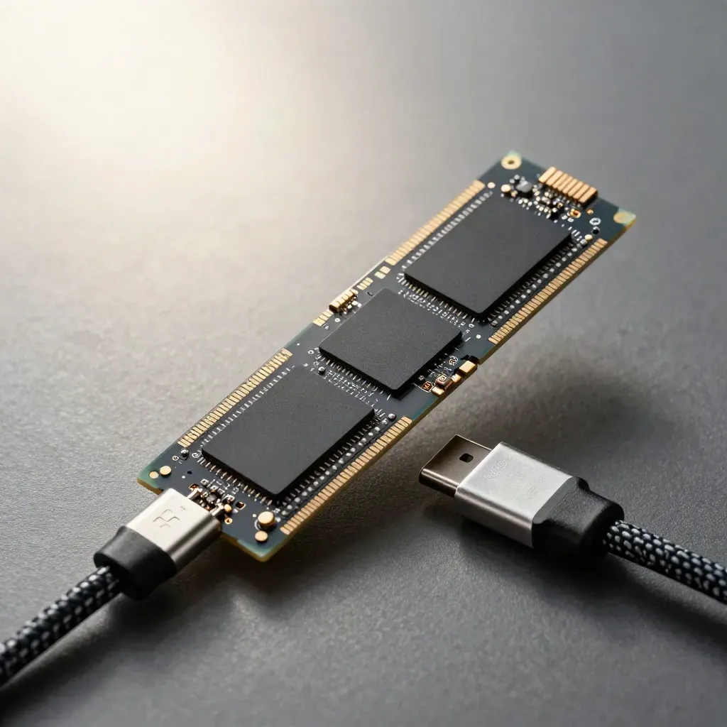 SSD NVMe nu, carte de développement et câble USB-C tressé sur surface graphite.