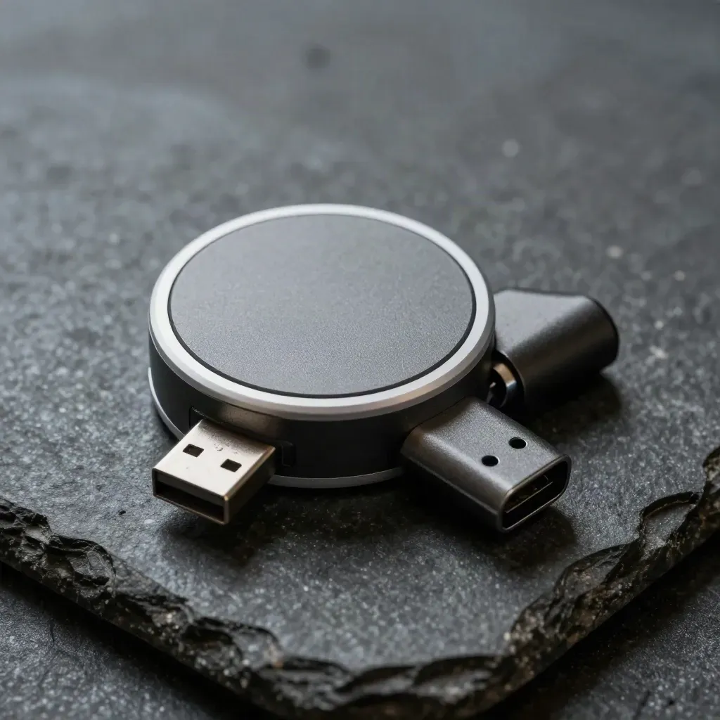 Lecteur NFC, coque de terminal et adaptateur USB sur pierre sombre, en lumière dramatique.