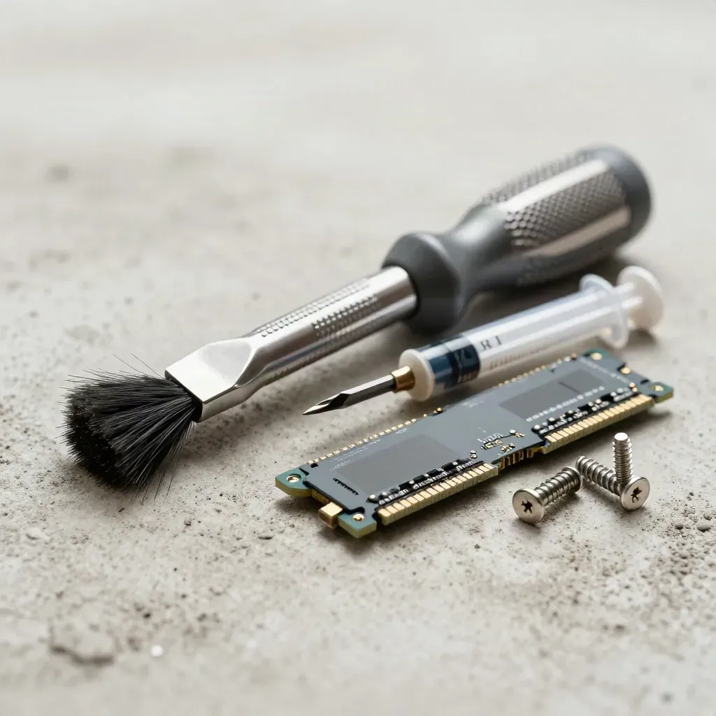 Tournevis de précision, brosse antistatique, pâte thermique et barrette RAM sur béton clair.