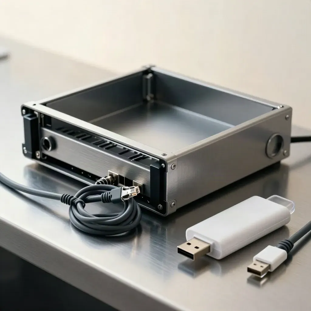 Caddy de disque serveur, câble réseau et clé USB de secours sur métal satiné.