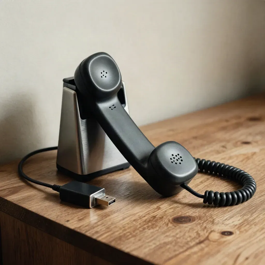 Combiné de téléphone fixe, base de casque, dongle et câble spiralé sur bois brut.