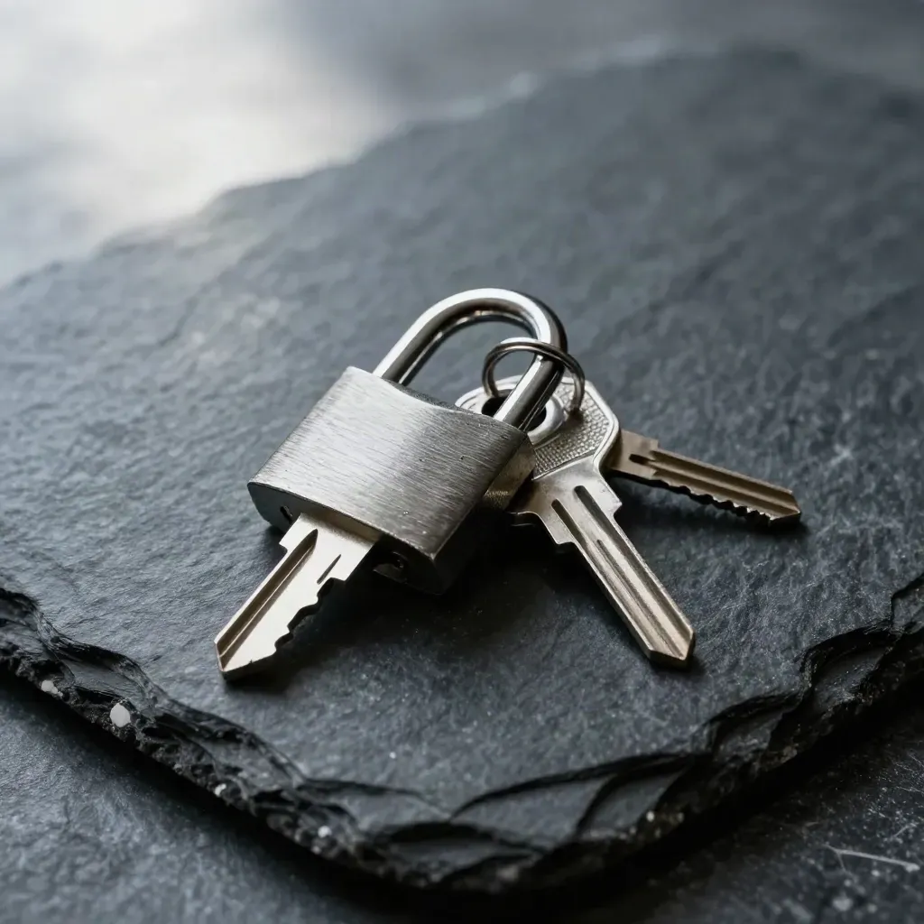 Clé de sécurité, cadenas acier, anneau de clés et capuchon antivol sur ardoise sombre.