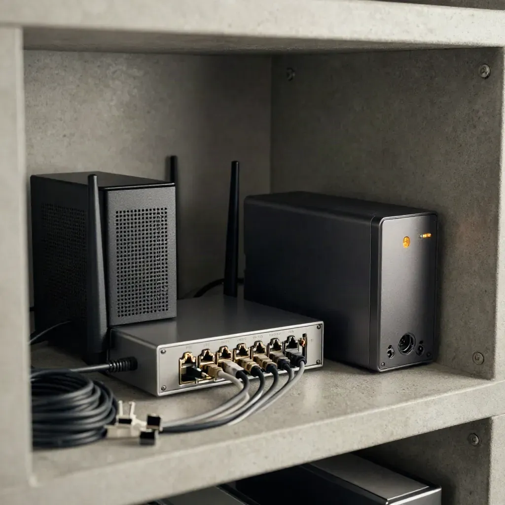 Routeur, switch, disque de sauvegarde et onduleur sur une étagère de bureau technique.