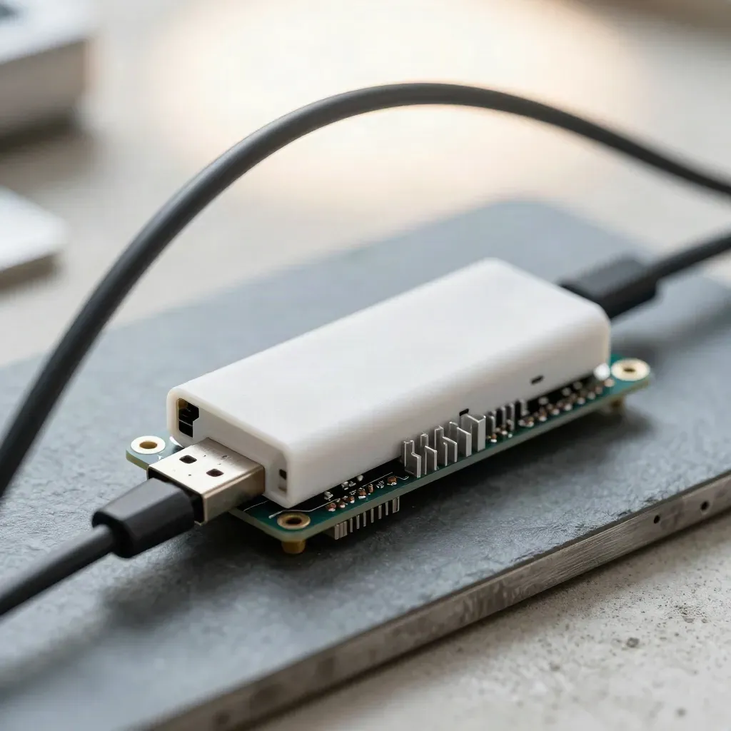 Carte prototype, boîtier imprimé en 3D, hub USB-C et dissipateur alu entre deux câbles flous.