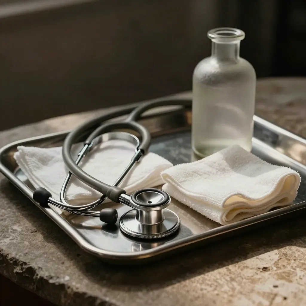 Stéthoscope, plateau inox, compresses pliées et flacon en verre sur pierre chaude, fond sombre.