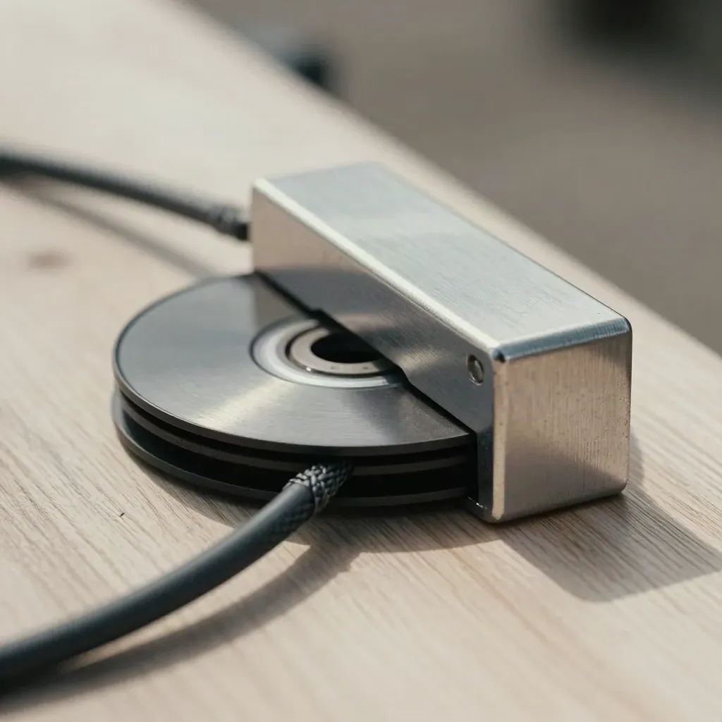 Dock aluminium, disque de sauvegarde et câble tressé sur bois pâle, lumière rasante.