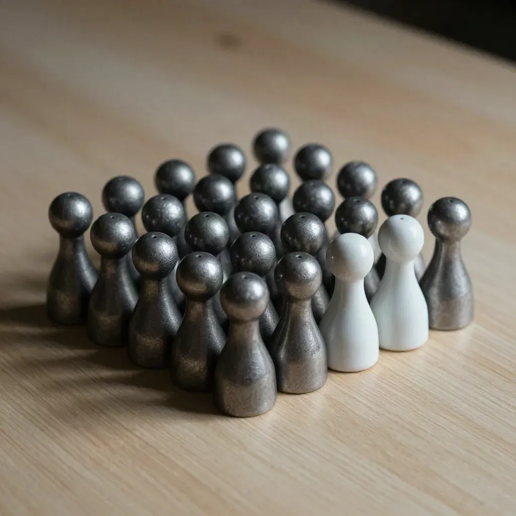 Blocs modulaires métalliques et pièce blanche sur bois pâle, en gros plan